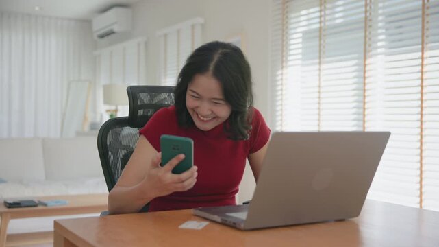 Young asian woman happy smile using search on phone Agent AI app retail shop store pay buy at home Modern Agentic bot order assisted people easy booking hotel ticket vacation smart life virtual wallet