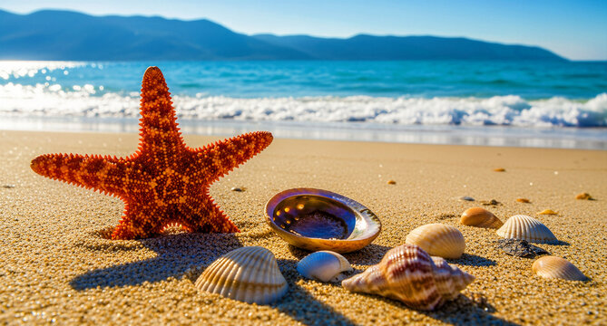 Orange starfish standing on a sandy tropical beach with seashells. Clear ocean waves and mountains under a bright blue sky. Summer vacation concept for travel marketing and coastal tourism.