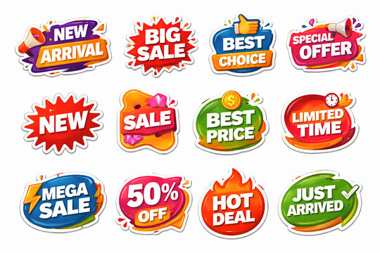 Stickers for Simple Arrival shop product tags, new labels or sale posters and banners vector