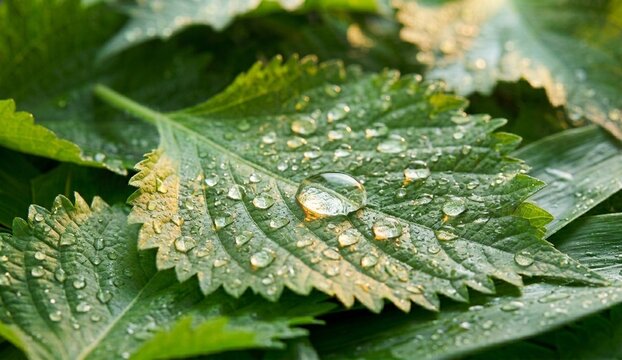 Fresh green shiso leaves covered in sparkling raindrops, showcasing vibrant texture and natural dew. Perfect for culinary, herbal, and nature themes.