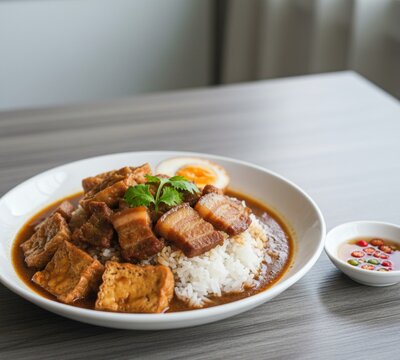 Delicious Thai-style braised pork belly and firm tofu in savory five-spice broth served over steamed rice with boiled egg. Authentic Asian comfort food.