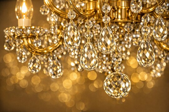 Elegant close-up of a luxury crystal chandelier with golden brass arms and sparkling glass droplets. Perfect for interior design and lighting themes.