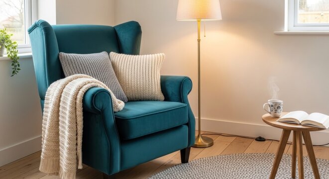 A cozy reading nook with a blue armchair, pillows, and a floor lamp