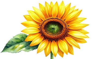 Obraz premium A large yellow sunflower with green center and leaf