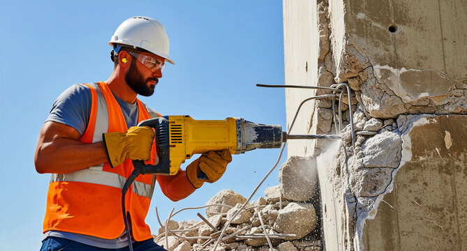 Construction worker using a jackhammer to demolish a concrete wall. Laborer wearing safety gear including a hard hat and vest at a site. Infrastructure renovation and industrial labor concept.