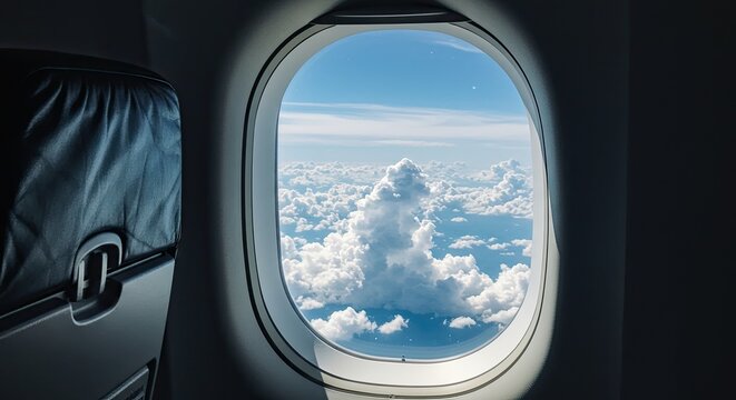 Airplane window view of clouds outside.