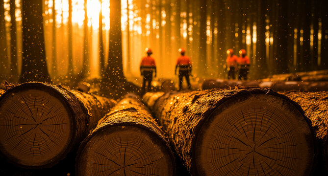 Forestry workers standing near stacked logs in a sunlit pine forest. Professional loggers wearing high-visibility gear during golden hour. Timber industry and sustainable forestry concept.