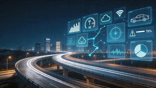 Smart transportation autonomous driving data visualization futuristic highway with light trails at night intelligent traffic system cloud computing for vehicles urban city