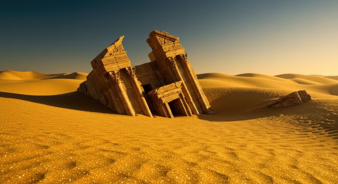 Ancient Egyptian temple in desert sand.