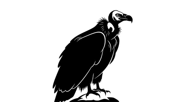 Vulture perched silhouette in bold black vector style with sharp beak and detailed feathers featuring bird,