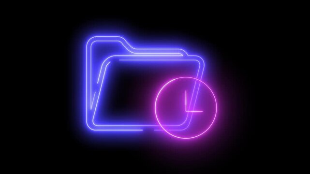 Neon light effect animation of a folder and a clock against a dark background. A modern symbol combining storage and time management concepts.