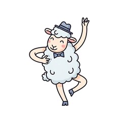 Fototapeta premium A whimsical cartoon depicting a cheerful sheep in a fedora, bowtie, and dancing pose, smiling and giving the peace sign