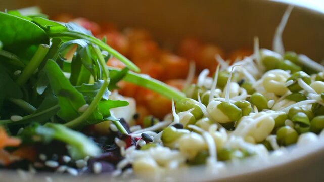 Delicious vegan salad bowl with fresh mung bean sprouts, arugula, carrots, and sesame seeds in a cardboard container. Healthy eating and balanced diet concept for nutritious meal preparation