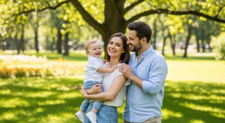Fototapeta premium A happy family of three stands together in a park on a sunny day
