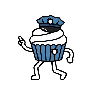 A whimsical cartoon illustration depicts a cupcake personified as a police officer, complete with a cap and uniform, walking with a point