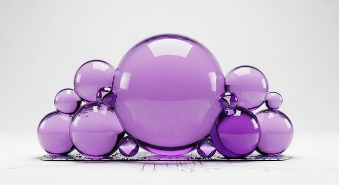 Cluster of shiny purple balls on white background