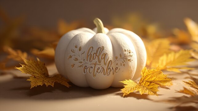 Decorative white pumpkin with 'Hola Octubre' text, and autumn-colored leaves in October.
