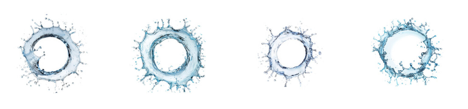Four water splashes with splash pattern, refreshing, isolated on transparent background