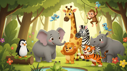 Naklejka premium Cartoon animal family collection with jungle and zoo animals in a cute vector illustration