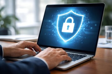 Obraz premium Cybersecurity and Data Privacy Shield Icon on Laptop Screen