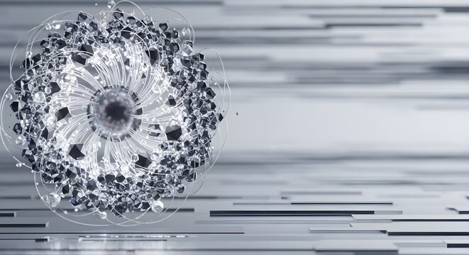 Abstract 3D render of a futuristic crystalline orb with glowing paths on a metallic background.