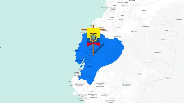 Ecuador map marker animation showing the national flag in motion footage