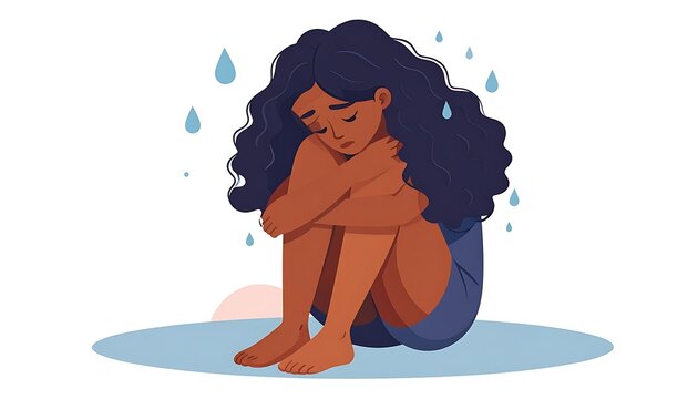 A woman sits alone, surrounded by raindrops, looking sad