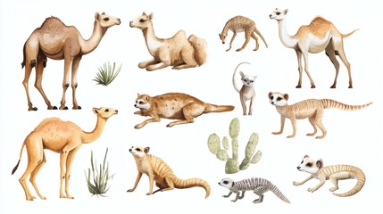 Fototapeta premium A watercolor collection of illustrated desert animals including camels, fennec foxes, meerkats, lizards, and scorpions. white background