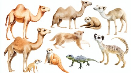 Obraz premium A watercolor collection of illustrated desert animals including camels, fennec foxes, meerkats, lizards, and scorpions. white background