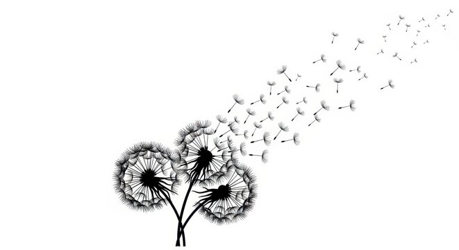 Dandelion seeds blowing in the wind black silhouette