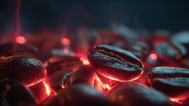 Macro shot of coffee beans roasting, evoking the smell and heat of the process.