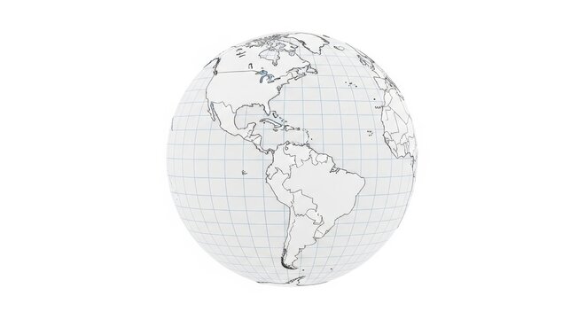 Simple black and white world map globe on grid