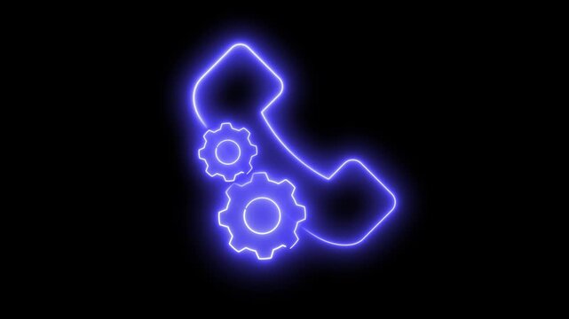 Neon light effect animation of a phone icon with two interlocking gears behind the handset, symbolizing a perfect connection.