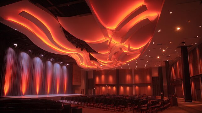 Stage of Lights: An empty, expansive stage bathed in warm, inviting light. A unique and dynamic ceiling design complements the scene, suggesting a space ready for any event or performance. 
