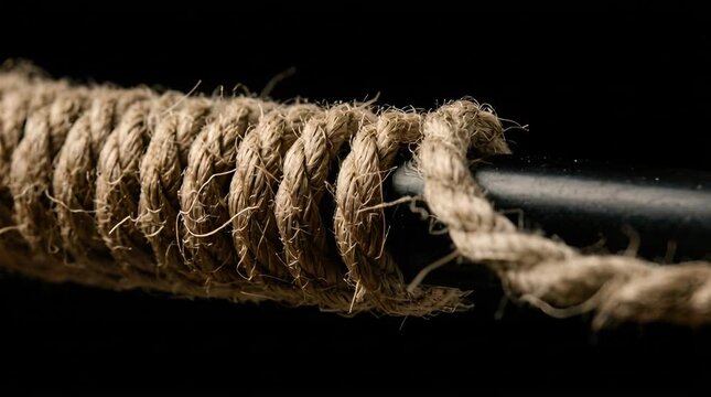 Rustic Natural Fiber Rope Tied Tightly Around a Dark Metallic Rod with Detailed Texture and Warm Spotlight Illumination on a Black Background