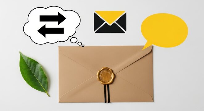 Brown envelope with wax seal and communication icons