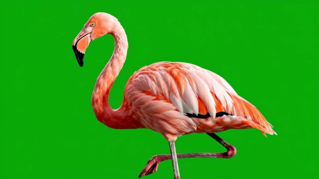 A beautiful pink flamingo stands elegantly on a chroma key green background, perfect for various creative projects and easy removal.