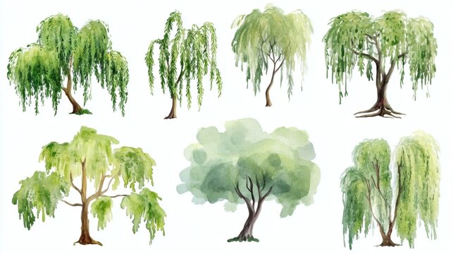 Watercolor illustrations of seven willow and leafy trees on white background, soft green tones and hanging foliage, artistic botanical set.