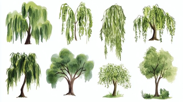 Watercolor illustrations of seven willow and leafy trees on white background, soft green tones and hanging foliage, artistic botanical set.