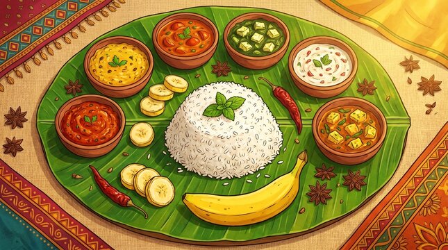 Jami Sasthi, A colorful South Indian thali served on banana leaf with vibrant curries.