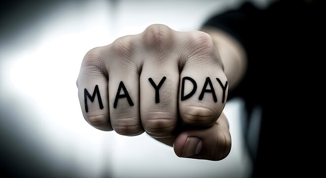 Clenched fist with the word May Day written on knuckles