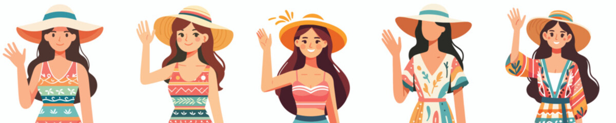 Fototapeta premium half body vector of a woman standing waving hand with summer clothes