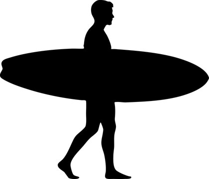 Surfer silhouette walking with surfboard on white background