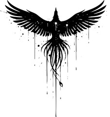 Obraz premium Black Ink Phoenix Silhouette with Dripping Splatter Effect
