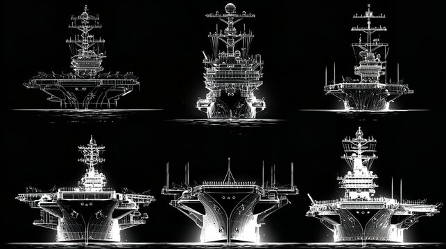 Detailed schematic illustration of a United States Navy aircraft carrier, illuminated.