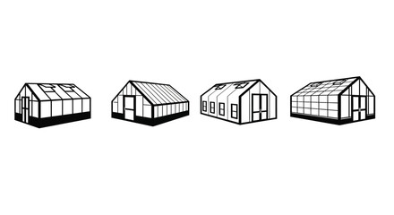 Black and white line drawing of various greenhouse and dome structures © freelancer