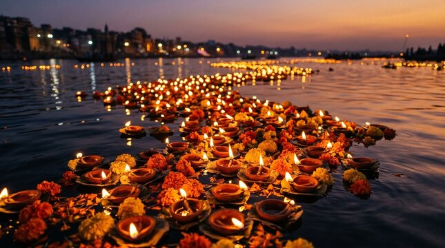 Floating diyas and marigold flowers on river during evening aarti ceremony, spiritual India