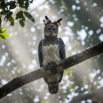 Photorealistic Harpy Eagle Perched Massive Rainforest Branch High Canopy Powerful Talons Gripping Bark Head Turned Sharply