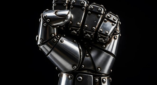 A close up view of a metallic robot fist clenched tightly against a deep solid black background.