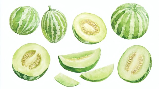 Watercolor illustrations of whole and sliced green melons and melon wedges on white background
